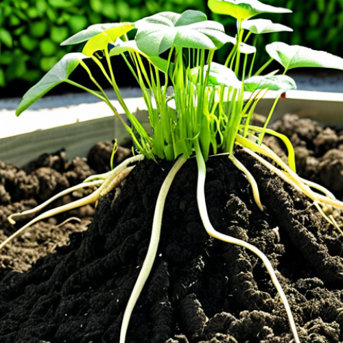 **Organic Growth Stimulator**: "Illustrate a lush green garden with plants thriving due to organic growth stimulators. Include natural elements like seaweed extracts and compost piles, emphasizing strong plant roots and vibrant leaves, showcasing the benefits of organic fertilizers in an eco-friendly environment."