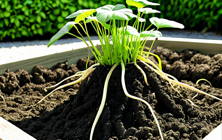 **Organic Growth Stimulator**: "Illustrate a lush green garden with plants thriving due to organic growth stimulators. Include natural elements like seaweed extracts and compost piles, emphasizing strong plant roots and vibrant leaves, showcasing the benefits of organic fertilizers in an eco-friendly environment."